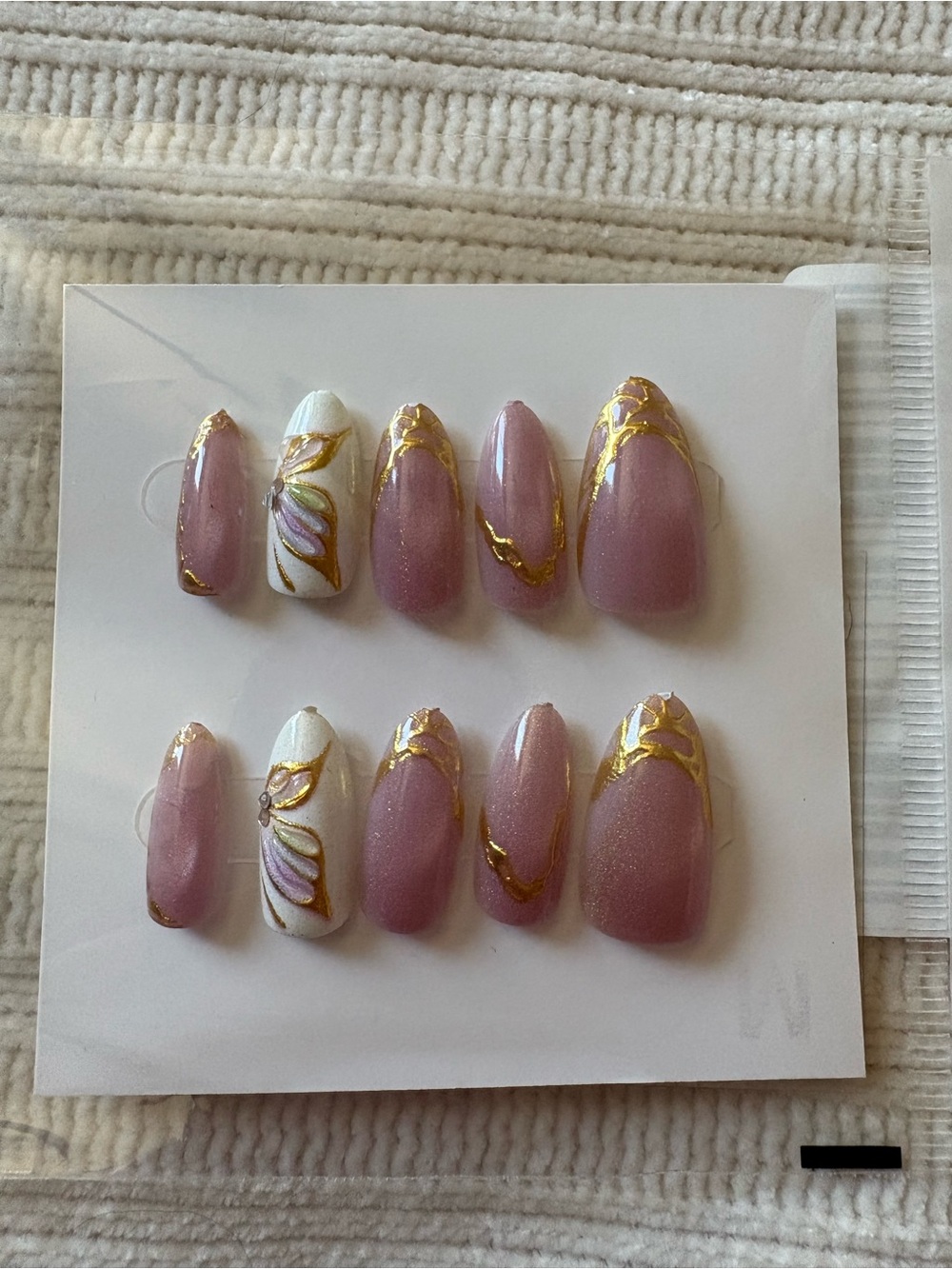 Pressed Pink and White Gold-Accent Press-On Nails Butterfly Size Medium